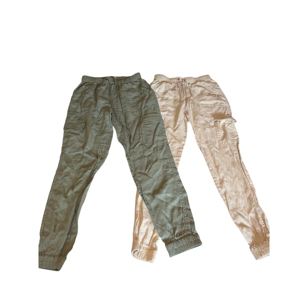 Nicole Miller New York Linen Jogger Pants Olive Green Khaki Women XS Drawstring